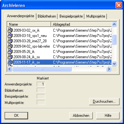 Simatic Manager-Dialog: Archivieren (Welches Projekt soll archiviert werden?)