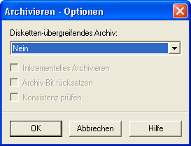 Simatic Manager-Dialog: Archivieren - Optionen (Diskettenübergreifendes Archiv)