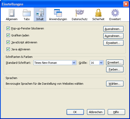 Extras: Einstellungen...: Inhalt: Javascript aktivieren (Häkchen oder nicht)