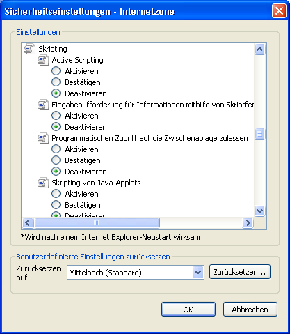 Extras: Internetoptionen: Sicherheit: Stufe anpassen... 6 Seiten herunterscrollen Skripting: Active Scripting: Aktivieren/Deaktivieren