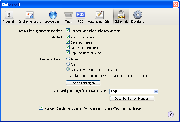 Zahnrad-Symbol: Einstellungen...: Inhalt: Javascript aktivieren (Häkchen oder nicht)