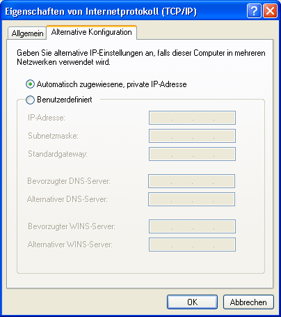 Netzwerkverbindungen: Eigenschaften von Drahtlose Netzwerkverbindung: Eigenschaften von Internetprotokoll (TCP/IP): Alternative Konfiguration